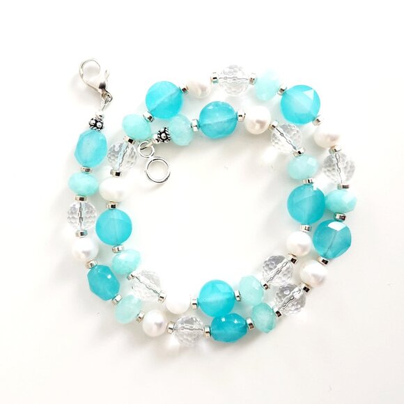 AQUA COLORED JADE GEMSTONE MIX NECKLACE-16" - Picture 2 of 2
